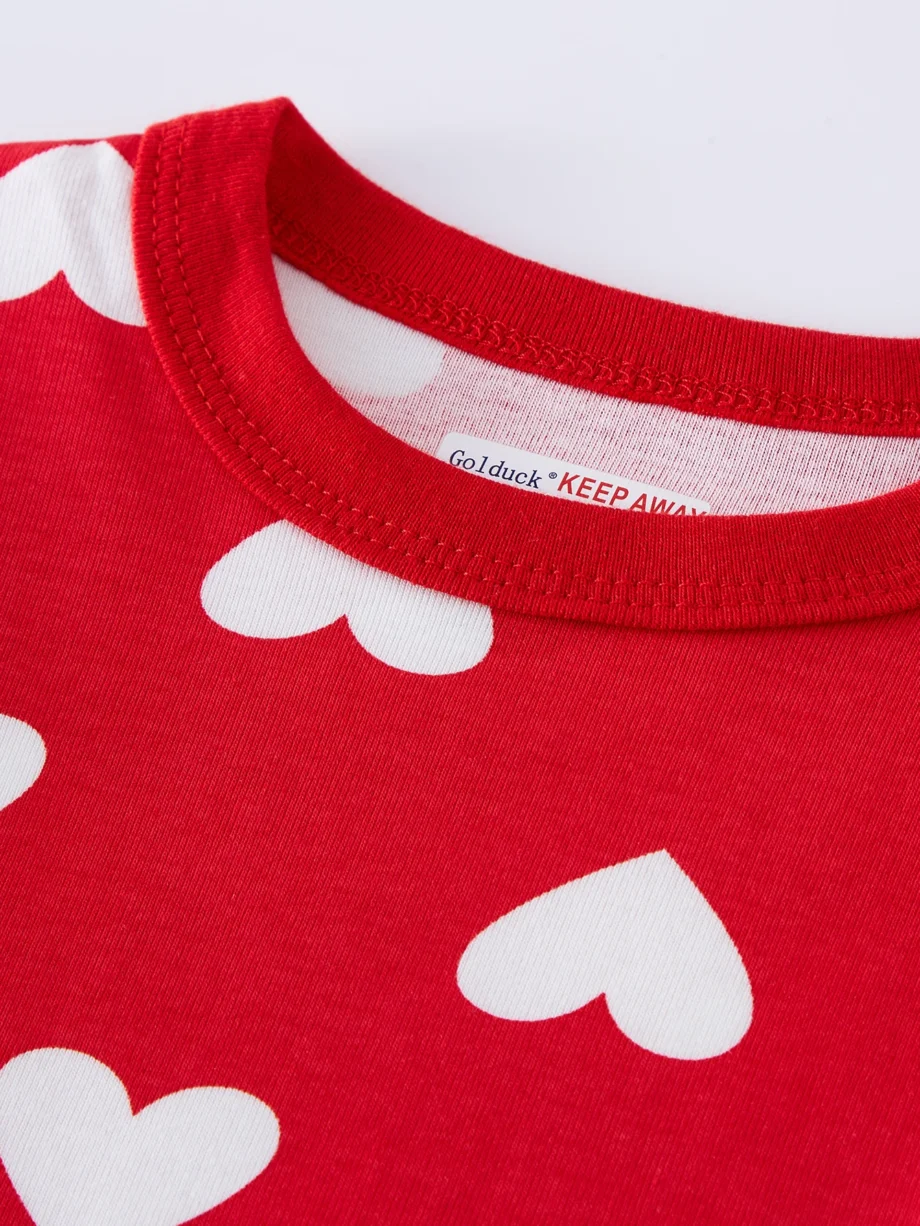 2-8 Years Girls' Nightwear - Red Cotton Pajama Set with Heart Design Cozy Stretchy Loungewear Long Sleeve PJS Kids Home Clothes